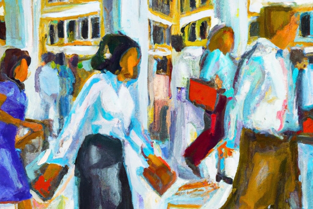 People walking in a building, in corporate clothes, oil painting